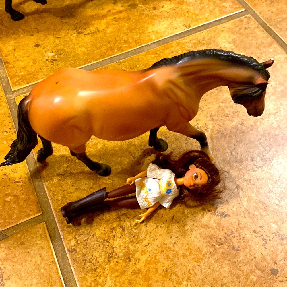 Toy horses and animals and dolls and accessories